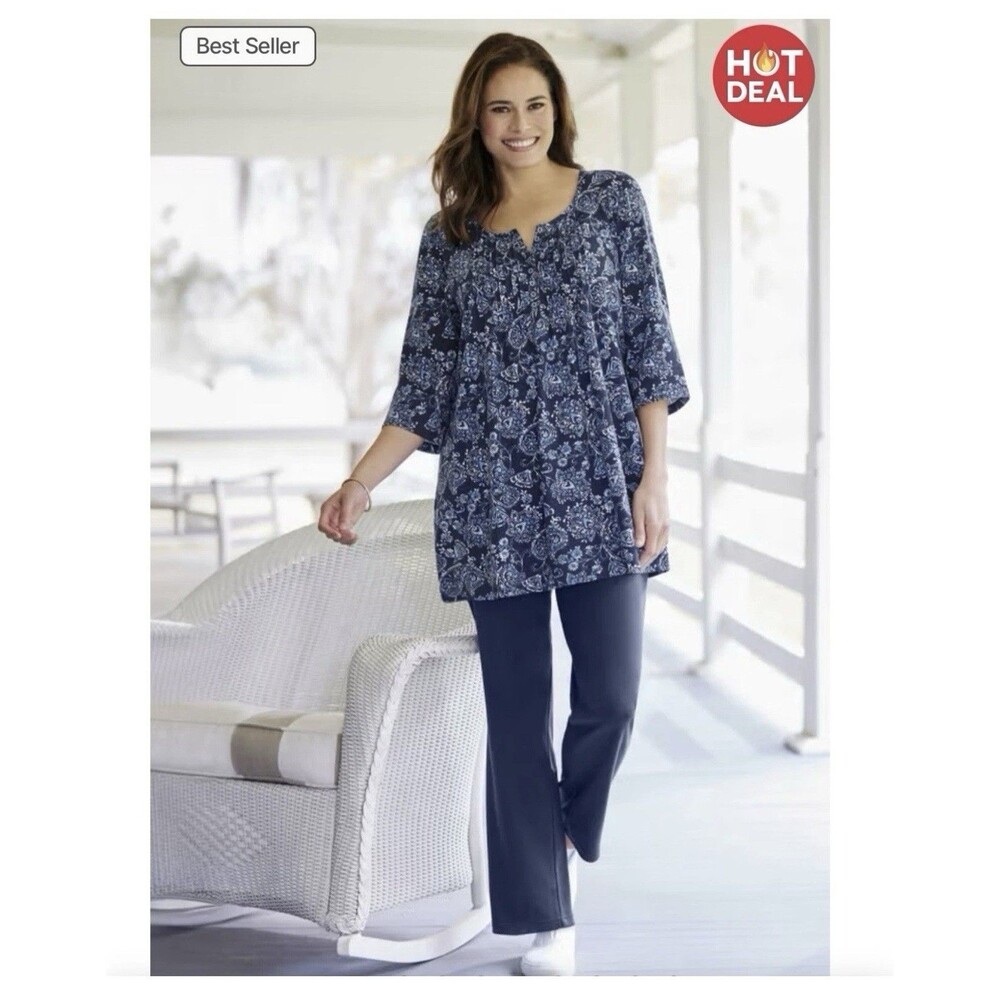 Woman Within 7-Day Three-Quarter Sleeve Blue Paisley Floral Henley Tunic Large